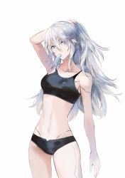 Rule 34 | 1girl, adjusting hair, arm up, bare shoulders, collarbone, food, joints, long hair, mole, mole under mouth, mouth hold, navel, nier (series), nier:automata, panties, ponytail, popsicle, range, robot joints, silver hair, simple background, solo, sports bra, underwear, white background, a2 (nier:automata)