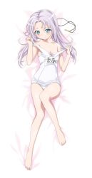 Rule 34 | 1girl, aqua eyes, bare arms, bare shoulders, barefoot, blush, boku wa tomodachi ga sukunai, breasts, closed mouth, clothes pull, dakimakura (medium), feet, highres, jewelry, key, key necklace, long hair, looking at viewer, lying, name tag, necklace, official art, old school swimsuit, on back, one-piece swimsuit, one-piece swimsuit pull, pulling own clothes, school swimsuit, small breasts, solo, swimsuit, takayama maria, thighhighs, watanabe yoshihiro, white hair, white one-piece swimsuit