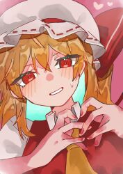 Rule 34 | 1girl, absurdres, ascot, blonde hair, blush, flandre scarlet, heart, heart hands, highres, open mouth, red eyes, rokka (rokka937), short hair, side ponytail, solo, sweat, touhou, upper body, white mouth, yellow ascot