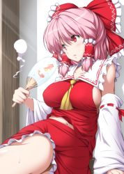 Rule 34 | 1girl, arm support, ascot, blush, bow, breasts, collarbone, cosplay, detached sleeves, hair bow, hair tubes, hakurei reimu, hakurei reimu (cosplay), hand fan, hitodama, large breasts, long sleeves, looking away, navel, no bra, nontraditional miko, nori tamago, paper fan, parted lips, pink hair, red bow, red eyes, red shirt, red skirt, ribbon-trimmed sleeves, ribbon trim, saigyouji yuyuko, shirt, sideboob, sitting, skirt, skirt set, sleeveless, sleeveless shirt, solo, sunlight, touhou, uchiwa, wide sleeves