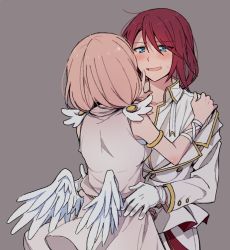 Rule 34 | 2girls, armband, bang dream!, blue eyes, blush, dress, feathered wings, finger to another&#039;s mouth, formal, gloves, grey background, hair between eyes, hand on another&#039;s shoulder, jacket, long hair, long sleeves, looking at another, multiple girls, open collar, open mouth, pink hair, re ghotion, red hair, ribbon, simple background, sleeveless, sleeveless dress, smile, suit, sweatdrop, udagawa tomoe, uehara himari, white gloves, white jacket, white suit, white wings, wings, wrist ribbon, yuri
