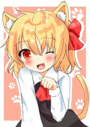Rule 34 | 1girl, animal ear fluff, animal ears, ascot, black vest, blonde hair, blush, border, cat ears, cat tail, fang, highres, kemonomimi mode, long sleeves, looking at viewer, medium hair, mogupuchi, one-hour drawing challenge, one eye closed, open mouth, paw pose, paw print, paw print background, pink background, red ascot, rumia, simple background, solo, tail, touhou, upper body, vest, white border