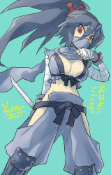 Rule 34 | 1girl, aqua background, artist name, bandages, black hair, breasts, check commentary, cleavage, commentary request, disgaea, highres, kunoichi (disgaea), large breasts, long hair, looking at viewer, mask, midriff, mouth mask, ninja, ninja mask, ninjatou, oyster (artist), ponytail, red eyes, reverse grip, scarf, short sword, solo, sword, translation request, weapon