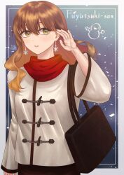 Rule 34 | 1girl, artist name, bag, brown hair, character name, coat, commentary, earrings, fuyutsuki (koori zokusei danshi), hair between eyes, hand up, handbag, highres, jewelry, koori zokusei danshi to cool na douryou joshi, long hair, red scarf, scarf, shelly (yayoo 27), snow, snowflake earrings, snowman, solo, standing, symbol-only commentary, wide sleeves