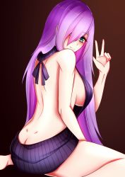 Rule 34 | 1girl, ass, back, backless dress, backless outfit, bare back, barefoot, black sweater, blush, breasts, butt crack, dimples of venus, dress, foxykuro, hair over one eye, highres, kurona reole, large breasts, long hair, looking at viewer, meme attire, naked sweater, original, resolution mismatch, ribbed sweater, sideboob, sitting, smile, source smaller, sweater, sweater dress, turtleneck, turtleneck sweater, v, very long hair, virgin killer sweater, wariza