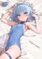 Rule 34 | 1girl, animal ears, apron, armpits, arms up, bare shoulders, bed sheet, blue eyes, blue hair, blue leotard, breasts, cat ears, cat girl, commentary request, covered navel, cup, fork, highleg, highleg leotard, highres, indie virtual youtuber, kanzarin, kanzarin (vtuber), kemonomimi mode, leotard, looking at viewer, lying, maid headdress, on back, on bed, short hair, sleeveless turtleneck leotard, small breasts, solo, thigh strap, thighs, unworn apron, virtual youtuber, waist apron, white headdress, white wrist cuffs, wrist cuffs