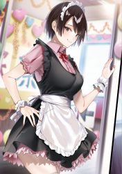 Rule 34 | 1girl, apron, arm garter, black dress, blurry, blurry background, brown eyes, brown hair, buttons, character request, closed mouth, collared shirt, cowboy shot, dress, hand on own hip, hand up, highres, indoors, kakao (chocolate land), looking at viewer, maid, maid headdress, neck ribbon, pink shirt, red ribbon, ribbon, ryoushin no shakkin, shirt, short hair, short sleeves, smile, solo, standing, waist apron, white apron