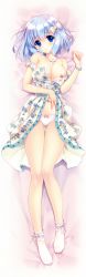 Rule 34 | 1girl, absurdres, ankle ribbon, blue eyes, blue hair, blush, bow, bow panties, bra, bra pull, bracelet, breast slip, breasts, carnelian, cleavage, clothes pull, dakimakura (medium), dress, floral print, full body, hair bow, heart, highres, jewelry, lace, lace-trimmed legwear, lace-trimmed panties, lace trim, leg ribbon, looking at viewer, matching hair/eyes, minamo (carnelian), navel, necklace, nipples, no shoes, one breast out, original, panties, print dress, ribbon, socks, solo, strap slip, sundress, thigh gap, underwear, white bra, white panties