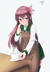 Rule 34 | 1girl, absurdres, apron, black thighhighs, brown apron, brown hair, chair, cowboy shot, dated, green sailor collar, green skirt, highres, kantai collection, kisaragi (kancolle), kisaragi kai ni (kancolle), long hair, maru (marg0613), one-hour drawing challenge, purple eyes, red neckwear, sailor collar, simple background, skirt, solo, table, thighhighs, twitter username, white background