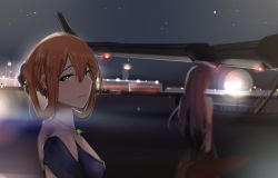 Rule 34 | 2girls, aircraft, airplane, alternate costume, alternate hairstyle, arm ribbon, black dress, blue dress, blurry, blush, breasts, brown hair, casual, chyt, cityscape, dress, earrings, gem, girls&#039; frontline, gloves, green eyes, green gemstone, hair between eyes, hair rings, half-closed eyes, highres, holding, jewelry, large breasts, lights, long hair, looking at viewer, multiple girls, necklace, night, parted lips, pendant, purple hair, ribbon, scenery, sidelocks, sky, smile, springfield (girls&#039; frontline), springfield (queen in radiance) (girls&#039; frontline), star (sky), starry sky, very long hair, wa2000 (ballroom interlude) (girls&#039; frontline), wa2000 (girls&#039; frontline), weapon case