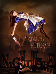 Rule 34 | 1girl, alice: madness returns, alice (alice in wonderland), alice in wonderland, alice liddell (american mcgee&#039;s alice), american mcgee&#039;s alice, american mcgee's alice, apron, blood, blood on clothes, blood stain, boots, bow, brown hair, card, dress, ferudenan, floating card, highres, jewelry, knife, long hair, necklace, pantyhose, solo, striped clothes, striped pantyhose, vorpal blade