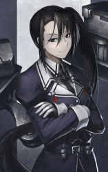 Rule 34 | 10s, 1girl, black eyes, black hair, crossed arms, gloves, hetza (hellshock), kantai collection, long hair, long sleeves, looking at viewer, machinery, military, military uniform, nachi (kancolle), necktie, puffy long sleeves, puffy sleeves, side ponytail, smile, solo, uniform, upper body, very long hair, white gloves