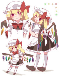 Rule 34 | 1girl, angel wings, ascot, bat wings, blonde hair, blush, bow, commentary request, crystal, flandre scarlet, hammer (sunset beach), hat, hat bow, hat ribbon, looking at viewer, looking back, multiple views, open mouth, puffy short sleeves, puffy sleeves, red bow, red eyes, ribbon, short hair, short sleeves, smile, touhou, wings