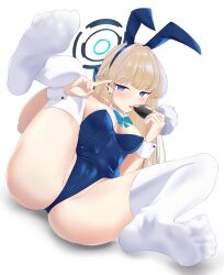 Rule 34 | 1girl, absurdres, animal ears, aqua bow, aqua bowtie, ass, blonde hair, blue archive, blue eyes, blue hairband, blue leotard, blush, bow, bowtie, breasts, butt plug, cameltoe, covered navel, detached collar, eyelashes, fake animal ears, feet, forehead, foreshortening, full body, hairband, halo, highleg, highleg leotard, highres, holding, large breasts, legs, leotard, licking, long hair, looking at viewer, looking back, lying, no shoes, official alternate costume, on back, partially visible vulva, playboy bunny, rabbit ears, rabbit tail, sex toy, simple background, soles, solo, spread toes, strapless, strapless leotard, tail, thighhighs, thighs, toes, toki (blue archive), toki (bunny) (blue archive), tongue, tongue out, v, white background, white thighhighs, white wrist cuffs, wrist cuffs, ykt scl