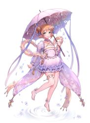 Rule 34 | 1girl, anklet, bad id, bad pixiv id, barefoot, barefoot sandals (jewelry), blue bow, blush, bow, braid, brown hair, choker, closed mouth, crown braid, flower, full body, green eyes, hair bow, highres, holding, holding umbrella, jewelry, long sleeves, looking at viewer, original, ozzingo, ripples, see-through, see-through sleeves, short hair, smile, solo, umbrella, water drop, white background
