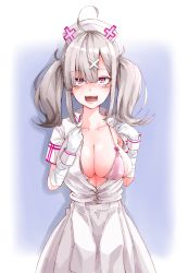 Rule 34 | 1girl, :d, ahoge, bandaged arm, bandages, blue background, blush, bra, breasts, bursting breasts, cleavage, collarbone, dress, gloves, hair ornament, hair over one eye, hat, highres, large breasts, long hair, looking at viewer, mm (mm chair), mole, mole under eye, nijisanji, nurse cap, open clothes, open dress, open mouth, pink bra, purple eyes, sidelocks, silver hair, smile, solo, sukoya kana, twintails, underwear, undressing, virtual youtuber, white dress, white gloves, wrist cuffs, x hair ornament