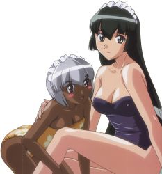 Rule 34 | 2girls, :d, absurdres, arm support, bare arms, bare legs, bare shoulders, black hair, blue one-piece swimsuit, blush stickers, breasts, c:, cleavage, closed mouth, collarbone, dark-skinned female, dark skin, female focus, hanaukyou maid tai, highres, hug, leg grab, legs, leotard, long hair, looking at viewer, maid, maid headdress, multiple girls, neck, one-piece swimsuit, open mouth, sanae yashima, shiny skin, short hair, silver hair, simple background, sitting, small breasts, smile, strapless, strapless leotard, strapless one-piece swimsuit, swimsuit, tsurugi konoe, white background, yellow one-piece swimsuit, yuri