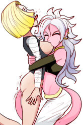 Rule 34 | 2girls, anal, android 18, android 21, ass, blonde hair, blue eyes, bra, breast sucking, breasts, dragon ball, gloves, hug, incest, long hair, majin android 21, medium breasts, mother and daughter, multiple girls, okamisaga, open mouth, pants, rape, saliva, sex, shirt, short hair, small breasts, tail, tail insertion, tongue, tongue out, torn clothes, underwear, white hair, yuri