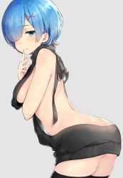 Rule 34 | 10s, 1girl, arched back, ass, back, backless dress, backless outfit, bare back, bare shoulders, blue eyes, blue hair, blush, breasts, butt crack, cowboy shot, dress, dutch angle, hair ornament, hair over one eye, hair ribbon, halterneck, highres, looking at viewer, looking back, meme attire, naked sweater, open mouth, purple ribbon, re:zero kara hajimeru isekai seikatsu, rem (re:zero), ribbed sweater, ribbon, short hair, sideboob, simple background, solo, sweater, sweater dress, thighs, turtleneck, turtleneck sweater, virgin killer sweater, vsi0v, x hair ornament