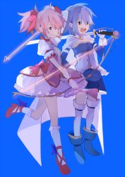 Rule 34 | 10s, 2girls, armband, arrow (projectile), belt, blue background, blue hair, bow, bow (weapon), cape, dress, flower, frills, gloves, hair bow, kaname madoka, mahou shoujo madoka magica, mahou shoujo madoka magica (anime), miki sayaka, multiple girls, pararade, pink hair, rose, short hair, short twintails, smile, sword, thighhighs, twintails, weapon, zettai ryouiki