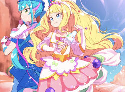 Rule 34 | 2girls, back-to-back, back bow, blonde hair, blue bow, blue dress, blue eyes, blue hair, blue sky, blunt bangs, bow, bridal gauntlets, candy, closed mouth, clothing cutout, creamy fleuret, cure finale, cure spicy, day, delicious party precure, dress, earrings, elbow gloves, food, food-themed hair ornament, frown, fuwa kokone, gloves, green eyes, hair bow, hair ornament, heart juicy mixer, highres, holding, huge bow, jewelry, kasai amane, konpeitou, long hair, looking to the side, magical girl, medium dress, multicolored clothes, multicolored dress, multicolored hair, multiple girls, outdoors, pink hair, precure, puffy short sleeves, puffy sleeves, rope, short sleeves, shoulder cutout, side ponytail, sky, standing, streaked hair, tiara, toon (noin), very long hair, white gloves