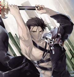 1boy armor asymmetrical_clothes belt black_eyes black_hair coat frown kurosawa_yuuichi male_focus muscular pauldrons serious shoulder_armor single_bare_shoulder solo sumi_keiichi sword weapon wizard&#039;s_brain