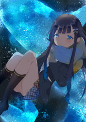 Rule 34 | 1girl, absurdres, bad id, bad pixiv id, black hair, black jacket, black socks, blazer, blue eyes, blue hair, blue scarf, blush, bow, brown bow, brown scarf, brown skirt, closed mouth, commentary request, dress shirt, eyebrows hidden by hair, feet out of frame, gradient hair, gradient scarf, hair bow, highres, houndstooth, jacket, kayanogura, kneehighs, knees up, long hair, long sleeves, looking at viewer, multicolored hair, no shoes, original, pleated skirt, scarf, school uniform, shirt, sidelocks, skirt, socks, solo, very long hair, white bow, white shirt