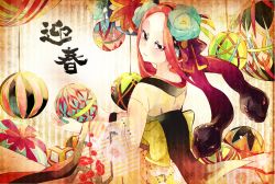 Rule 34 | 10s, 1girl, 2013, bad id, bad pixiv id, ball, chibiibiru, flower, from behind, hair flower, hair ornament, highres, japanese clothes, kimono, lantern, long hair, new year, obi, original, red eyes, red hair, sash, snake hair, solo, translation request, wide sleeves