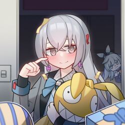 Rule 34 | 2girls, blue bow, blue eyes, blue vest, blush, bow, box, bronya zaychik, closed mouth, collared shirt, commentary, confetti, english commentary, gift, gift box, grey eyes, grey hair, grey jacket, highres, homu (honkai impact), honkai (series), honkai impact 3rd, indoors, jacket, long hair, multiple girls, nodgilmo573, open clothes, open jacket, peeking out, project bunny, shirt, smile, solo focus, striped clothes, striped shirt, stuffed animal, stuffed toy, vertical-striped clothes, vertical-striped shirt, vest, white shirt