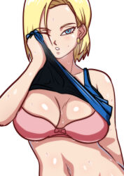 Rule 34 | 1girl, absurdres, android 18, blonde hair, blue eyes, blush, bob cut, bra, breasts, cleaning, cleavage, clothes lift, dragon ball, dragonball z, earrings, etzelin, female focus, hand on own cheek, hand on own face, hand up, highres, hoop earrings, jewelry, large breasts, lifted by self, light blush, looking at viewer, medium hair, navel, one eye closed, parted lips, pink bra, shirt lift, simple background, solo, sweat, underwear, upper body, white background