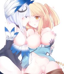 Rule 34 | 2girls, asymmetrical docking, bad id, bad pixiv id, bar censor, bare shoulders, black gloves, blonde hair, blush, breast press, breasts, censored, elbow gloves, fuuga (yzfg), gloves, grabbing, grabbing another&#039;s breast, hair ornament, heart, heart-shaped pupils, large breasts, multiple girls, navel, nipples, open mouth, pussy, puzzle &amp; dragons, reeche (p&amp;d), saline (p&amp;d), silver hair, sweat, symbol-shaped pupils, unworn hair ornament, yellow eyes, yuri