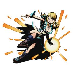 Rule 34 | 10s, 1girl, blonde hair, boots, breasts, brown eyes, brown footwear, cleavage, divine gate, dress, fairy tail, full body, holding, key, large breasts, leg up, long hair, lucy heartfilia, official art, open mouth, ribbon, shadow, solo, transparent background, twintails, ucmm, wrist cuffs, wrist ribbon, yellow ribbon