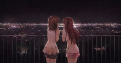 Rule 34 | 2girls, bare shoulders, brown eyes, brown hair, city, city lights, cityscape, commentary request, from behind, highres, long hair, looking at another, missile228, multiple girls, night, night sky, one side up, open mouth, original, railing, short hair, short sleeves, shorts, sky, smile, standing, star (sky), starry sky