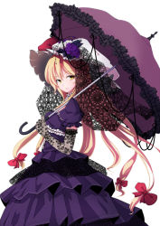 Rule 34 | 1girl, blonde hair, bow, dress, elbow gloves, female focus, frills, gloves, hair bow, hat, lace, lace gloves, long hair, looking at viewer, nikka (cryptomeria), parasol, simple background, solo, too many, touhou, umbrella, white background, yakumo yukari, yellow eyes