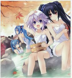 Rule 34 | 10s, 4girls, 5pb (neptunia), :d, alternate hairstyle, arm up, autumn, bath, bathrobe, black hair, blue eyes, blue hair, blush, braid, branch, breasts, bucket, choujigen game neptune, collarbone, dutch angle, female focus, hair ornament, hair scrunchie, hand on own head, highres, leaf, long hair, mages., maple leaf, medium breasts, mole, mole under eye, mouse (animal), multiple girls, naked towel, neptune (neptunia), neptune (series), noire (neptunia), non-web source, official art, one eye closed, onsen, open mouth, partially submerged, peeking out, pink eyes, ponytail, profile, purple eyes, purple hair, red eyes, scan, scrunchie, short hair, side ponytail, sidelocks, sitting, small breasts, smile, soaking feet, towel, towel on head, tsunako, twin braids, twintails, very long hair, warechu, water, wooden bucket