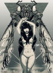 Rule 34 | 1girl, abs, black eyes, black hair, breasts, bug, creature, greyscale, highres, hybrid shin, long hair, looking at viewer, makeup, monochrome, nipples, original, pov, thick thighs, thighs, uncensored, wings