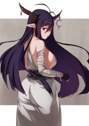 Rule 34 | 1girl, antenna hair, ass, bandages, bandaged arm, bandages, black gloves, breasts, crescent, crescent pin, danua, draph, dress, fingerless gloves, from behind, gloves, granblue fantasy, grey dress, hair between eyes, highres, horn ornament, horns, kasseus maximus, large breasts, long dress, long hair, looking back, no bra, pointy ears, purple hair, red eyes, sleeveless, sleeveless dress, solo, strap gap