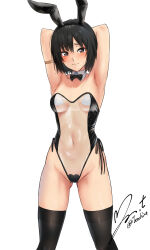 Rule 34 | 1girl, amagami, animal ears, armpits, arms behind head, black bow, black bowtie, black eyes, black hair, black thighhighs, blush, bob cut, bow, bowtie, breasts, closed mouth, commentary request, covered navel, detached collar, fake animal ears, gluteal fold, hair between eyes, heart maebari, heart pasties, highleg, highleg leotard, highres, leotard, light smile, maebari, medium breasts, meme attire, nanasaki ai, nontraditional playboy bunny, pasties, playboy bunny, rabbit ears, see-through, see-through leotard, short hair, side-tie leotard, signature, simple background, solo, strapless, strapless leotard, sweatdrop, thighhighs, traditional bowtie, translucent bunnysuit, twitter username, white background, yoo tenchi