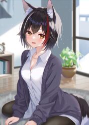 Rule 34 | 1girl, absurdres, animal ear fluff, animal ears, black hair, black pantyhose, blush, breasts, cardigan, cleavage, dress shirt, fang, grey cardigan, hair between eyes, hair ornament, highres, hololive, looking at viewer, medium breasts, multicolored hair, ookami mio, open cardigan, open clothes, open mouth, pantyhose, red hair, seiza, shirt, short hair, sitting, skin fang, smile, solo, streaked hair, tail, togemaru34, virtual youtuber, white shirt, wolf ears, wolf girl, wolf tail, yellow eyes