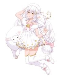 Rule 34 | 1girl, animal ears, bell, bow, braid, brown eyes, collarbone, dress, full body, highres, long hair, looking at viewer, original, pink bow, sheep, sheep ears, sheep girl, shoes, sneakers, solo, susukitten, thighhighs, transparent background, twin braids, white dress, white footwear, white thighhighs