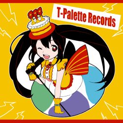 Rule 34 | 1girl, ;d, bad id, bad pixiv id, black hair, breasts, cake, food, gloves, hat, leaning forward, long hair, looking at viewer, medium breasts, microphone, one eye closed, open mouth, smile, solo, star (symbol), ting come, tower records, treble clef, twintails, wink