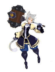 Rule 34 | 1girl, absurdres, animal ears, armor, armored boots, boots, cat ears, cat tail, full body, gauntlets, gorget, hammer, harada takehito, head tilt, highres, holding, holding hammer, holding weapon, huge weapon, juliet sleeves, legs apart, long sleeves, looking at viewer, official art, pants, pants tucked in, parted bangs, puffy sleeves, refrain no chika meikyuu to majo no ryodan, short hair, silver hair, simple background, smile, solo, standing, tail, v-shaped eyebrows, weapon, white background