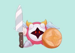Rule 34 | absurdres, armor, blue background, galacta knight, highres, holding, holding knife, horns, kirby (series), kirby with a knife (meme), knife, mask, meme, nintendo, no humans, pauldrons, red eyes, shibulio, shoulder armor, solid oval eyes, solo, wings
