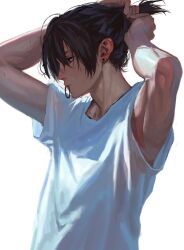 Rule 34 | 1boy, blue eyes, blue hair, chainsaw man, dark blue hair, ear piercing, geboku0406, hair tie in mouth, hayakawa aki, highres, making-of available, male focus, mouth hold, piercing, shirt, short hair, short sleeves, simple background, solo, tying hair, upper body, white background, white shirt