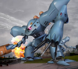 Rule 34 | 3d, animal, chest cannon, claws, cloud, dirty, emblem, explosion, fire, grass, gundam, gundam 0080, hiropon (tasogare no puu), horse, hygogg, jetpack, mecha, mobile suit, one-eyed, photo background, realistic, river, robot, roundel, science fiction, thrusters, tree, water, wet, zeon