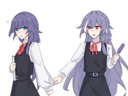 Rule 34 | 2girls, ?, alternate costume, black shirt, black skirt, blue eyes, blue hair, bow, commentary, food, fu hua, fu hua (herrscher of sentience), grey hair, hair between eyes, hashtag-only commentary, holding, holding food, holding ice cream, holding popsicle, honkai (series), honkai impact 3rd, ice cream, lienai9, light blush, long hair, long skirt, long sleeves, looking at another, low-tied long hair, low ponytail, multicolored hair, multiple girls, open mouth, parted lips, ponytail, popsicle, red bow, red eyes, school uniform, shirt, simple background, skirt, sleeveless, sleeveless shirt, streaked hair, white background, white hair, white shirt, white sleeves, yellow pupils