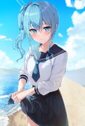 Rule 34 | 1girl, auui, black skirt, blue bow, blue eyes, blue hair, blue neckerchief, blue sailor collar, blush, bow, closed mouth, hair between eyes, hair bow, highres, hololive, hoshimachi suisei, long sleeves, looking at viewer, medium hair, neckerchief, outdoors, pleated skirt, sailor collar, school uniform, shirt, side ponytail, sidelocks, skirt, skirt hold, sleeves rolled up, solo, star (symbol), star in eye, striped, striped bow, symbol in eye, virtual youtuber, water, white shirt