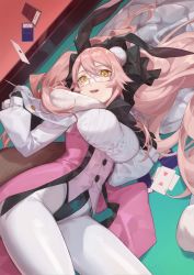 Rule 34 | 1girl, animal ear fluff, animal ears, black bow, black gloves, blush, bow, breasts, card, cloak, coattails, collared shirt, corset, dress shirt, fate/grand order, fate (series), fox tail, fur-trimmed cloak, fur trim, glasses, gloves, hair between eyes, hair bow, highres, koyanskaya (assassin) (second ascension) (fate), koyanskaya (fate), large breasts, long hair, long sleeves, looking at viewer, open mouth, pantyhose, pink hair, playing card, rabbit ears, red cucumber, shirt, sidelocks, smile, solo, tail, tamamo (fate), thighs, twintails, underbust, white cloak, white pantyhose, white shirt, yellow eyes