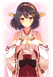Rule 34 | 10s, 1girl, alternate hair length, alternate hairstyle, blush, bob cut, breasts, brown eyes, brown hair, cherry blossoms, commentary request, detached sleeves, epaulettes, hair between eyes, hair ornament, hairclip, hakama, hakama skirt, haruna (kancolle), headgear, highres, interlocked fingers, japanese clothes, kantai collection, large breasts, looking at viewer, mizuyoukan (mikususannda), nontraditional miko, own hands together, pink background, pleated skirt, red skirt, ribbon trim, sash, short hair, skirt, solo, upper body, white background, wide sleeves