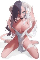 Rule 34 | 1girl, beyumi, black hair, breast press, breasts, choker, cleavage, clothes lift, colored skin, demon girl, demon horns, demon tail, demon wings, dress, dress lift, feet, green eyes, high heels, highres, horns, kneeling, large breasts, looking at viewer, multicolored hair, original, partially undressed, red skin, seductive smile, smile, solo, spread legs, tail, thighs, toes, undressing, white hair, wings